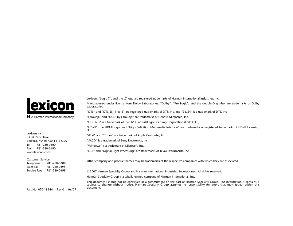 Lexicon RV-5 User Manual | Page 3 / 136