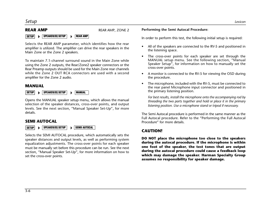 Rear amp -6 manual, Semi autocal -6, Setup | Lexicon RV-5 User Manual | Page 32 / 136