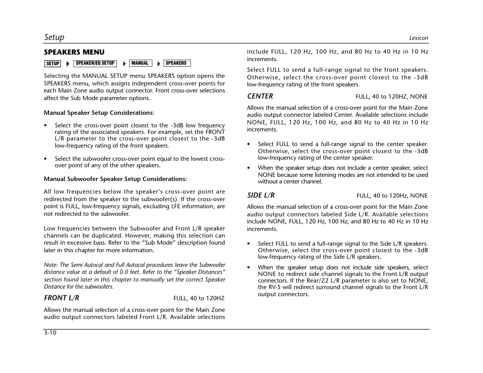 Speakers menu, Setup | Lexicon RV-5 User Manual | Page 36 / 136