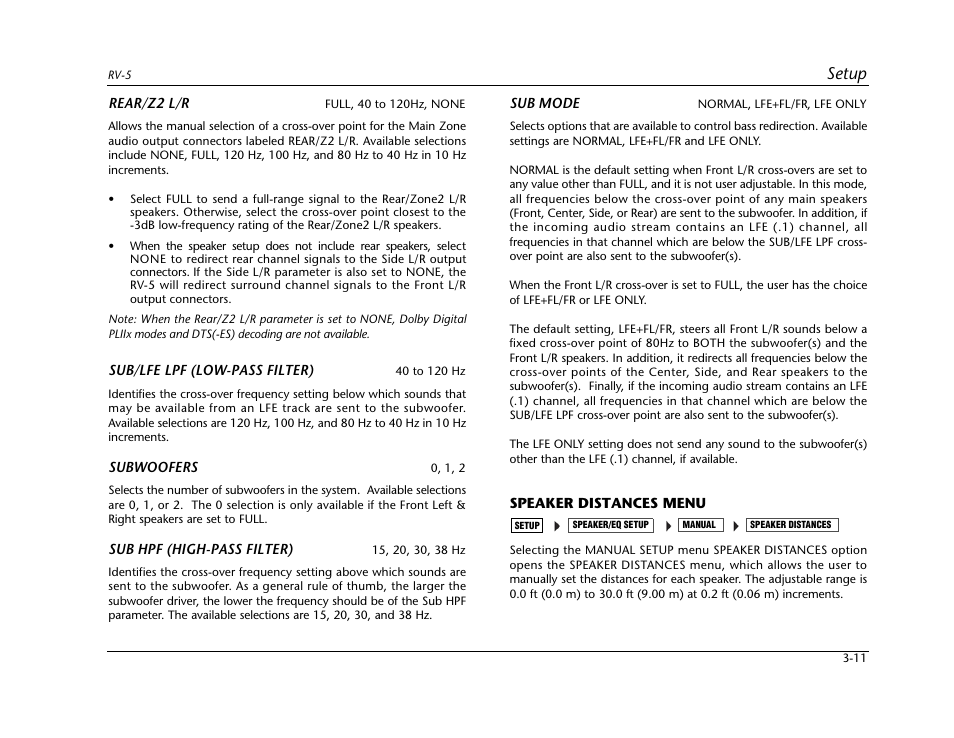 Speaker distances menu, Setup | Lexicon RV-5 User Manual | Page 37 / 136