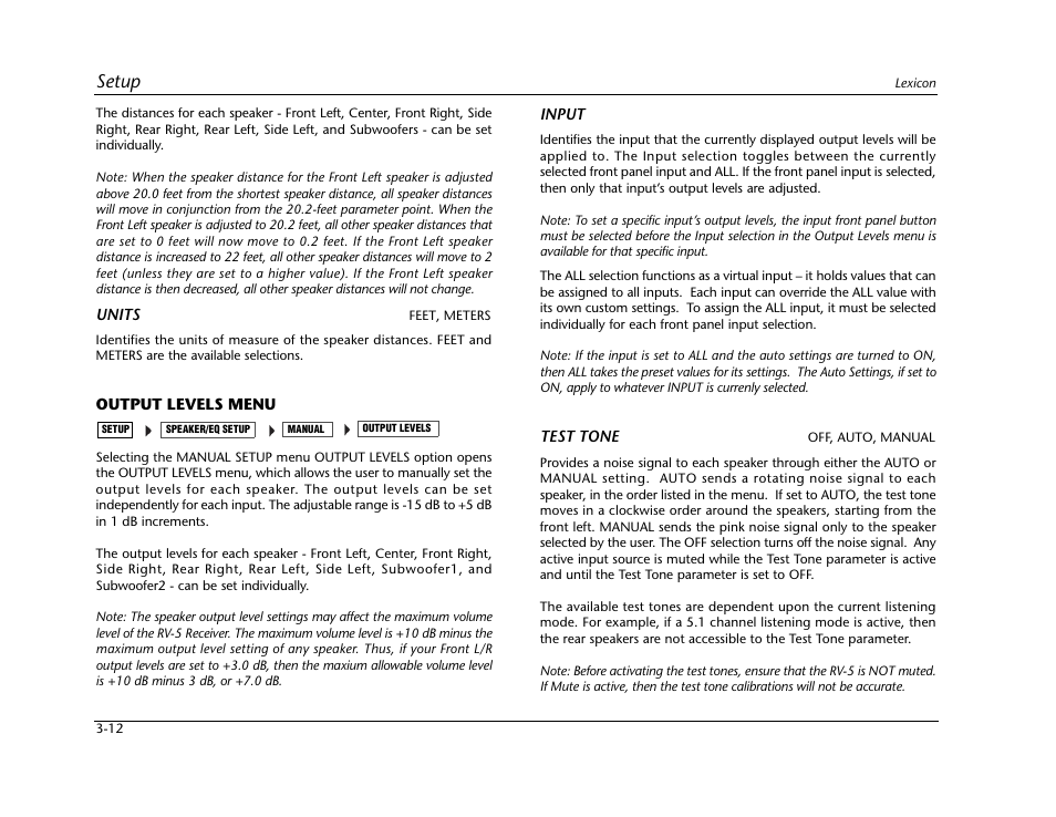 Output levels menu, Setup | Lexicon RV-5 User Manual | Page 38 / 136