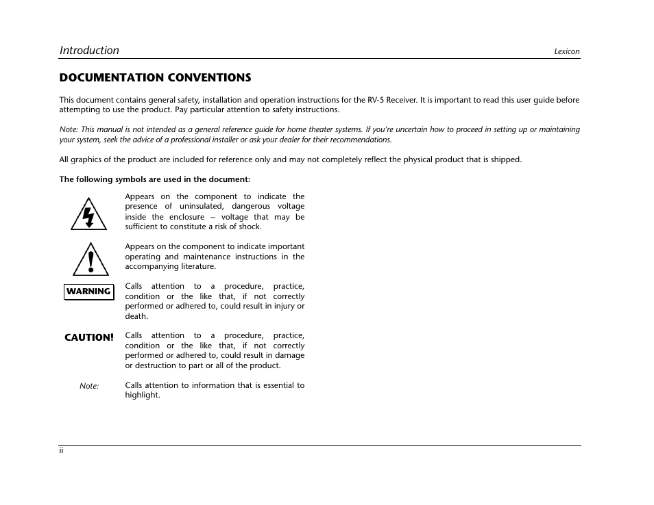 Introduction, Documentation conventions | Lexicon RV-5 User Manual | Page 4 / 136