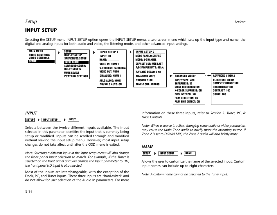 Input setup -14, Setup, Input setup | Input, Name | Lexicon RV-5 User Manual | Page 40 / 136