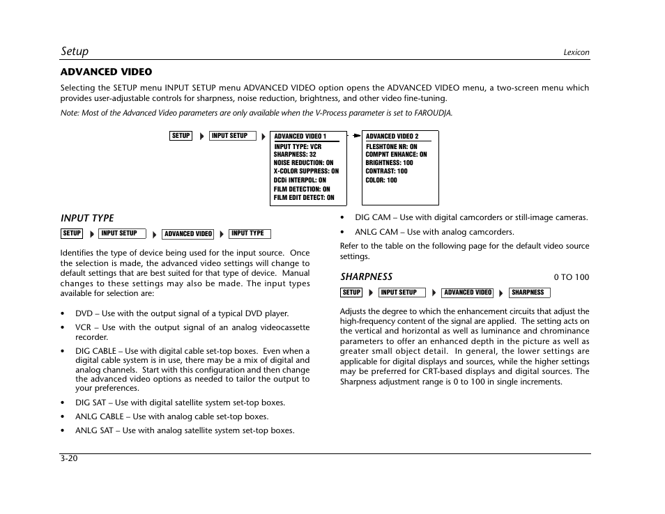 Advanced video -20, Setup | Lexicon RV-5 User Manual | Page 46 / 136