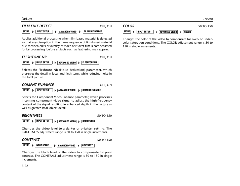 Setup, Film edit detect, Fleshtone nr | Compnt enhance, Brightness, Contrast, Color | Lexicon RV-5 User Manual | Page 48 / 136