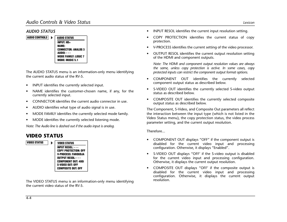 Video status -4, Audio controls & video status, Video status | Lexicon RV-5 User Manual | Page 64 / 136