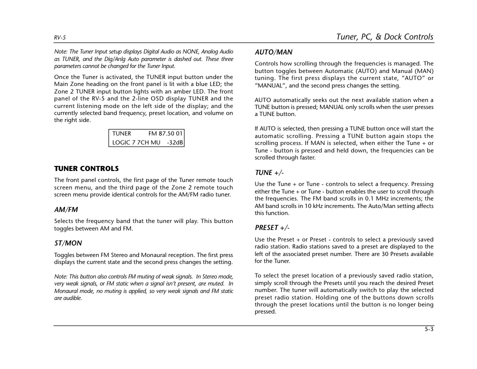 Tuner controls -3, Tuner, pc, & dock controls | Lexicon RV-5 User Manual | Page 67 / 136