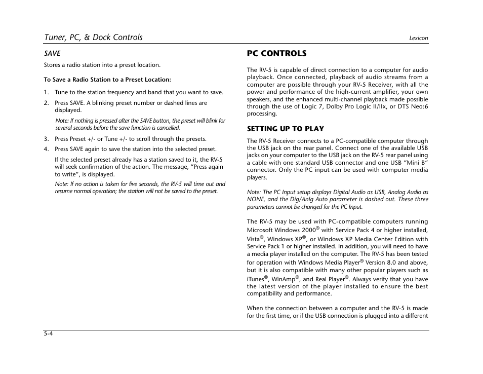 Pc controls -4, Setting up to play -4, Tuner, pc, & dock controls | Pc controls | Lexicon RV-5 User Manual | Page 68 / 136