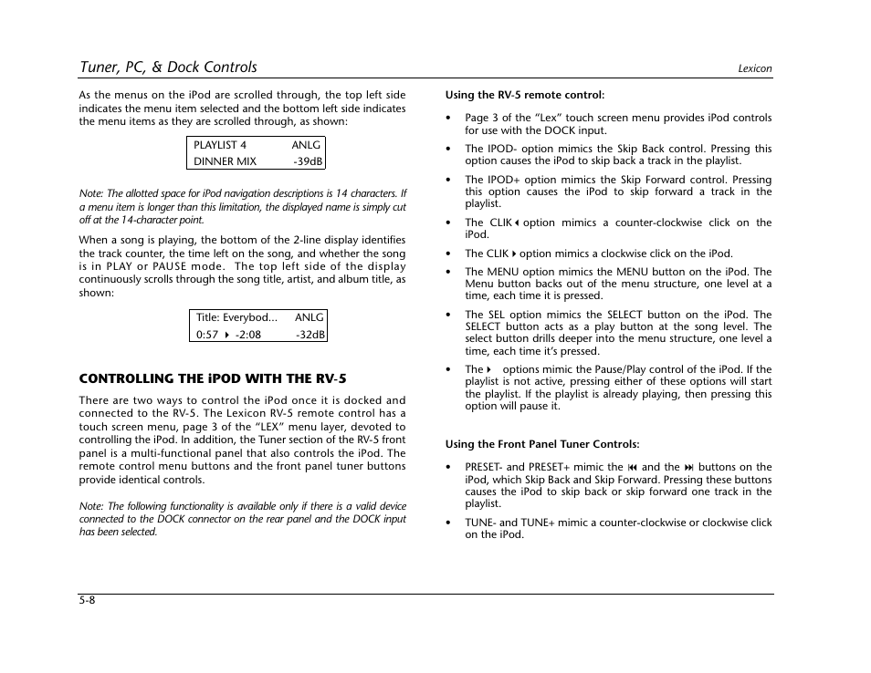 Controlling the ipod with the rv-5 -8, Tuner, pc, & dock controls | Lexicon RV-5 User Manual | Page 72 / 136