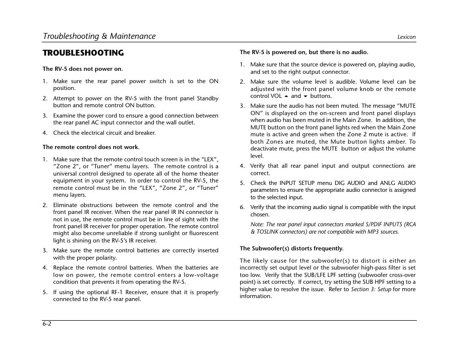 Troubleshooting -2, Troubleshooting & maintenance, Troubleshooting | Lexicon RV-5 User Manual | Page 76 / 136