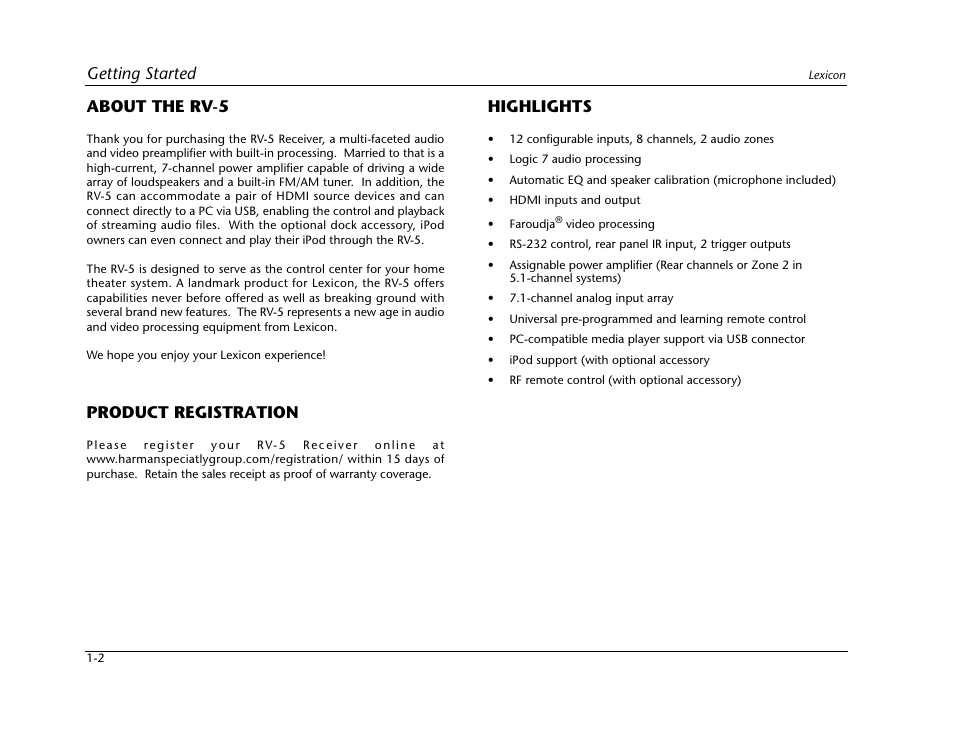 Getting started, About the rv-5, Product registration | Highlights | Lexicon RV-5 User Manual | Page 8 / 136