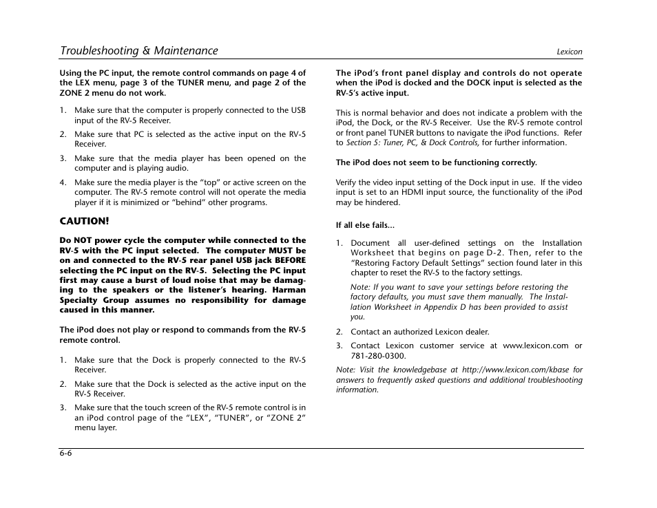 Troubleshooting & maintenance | Lexicon RV-5 User Manual | Page 80 / 136