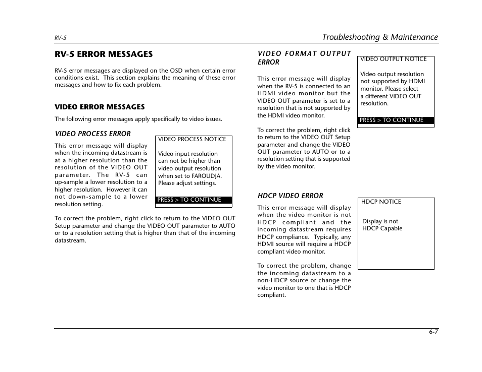 Rv-5 error messages -7, Video error messages -7, Troubleshooting & maintenance | Rv-5 error messages | Lexicon RV-5 User Manual | Page 81 / 136