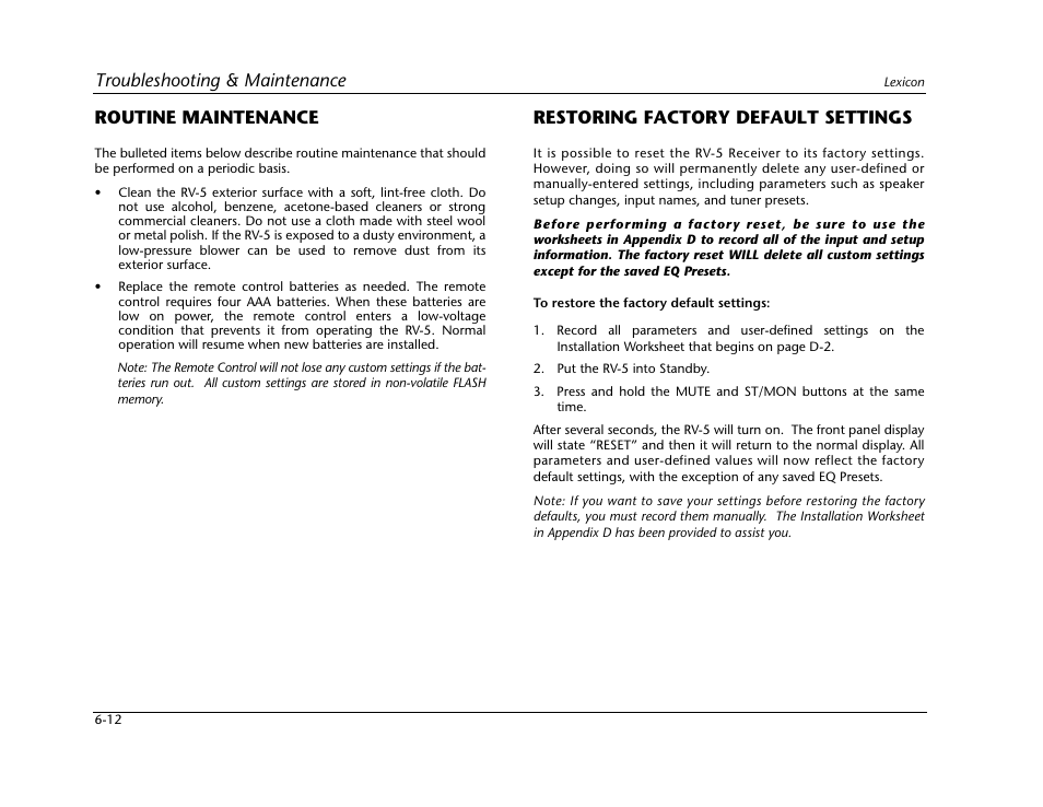 Troubleshooting & maintenance, Routine maintenance, Restoring factory default settings | Lexicon RV-5 User Manual | Page 86 / 136