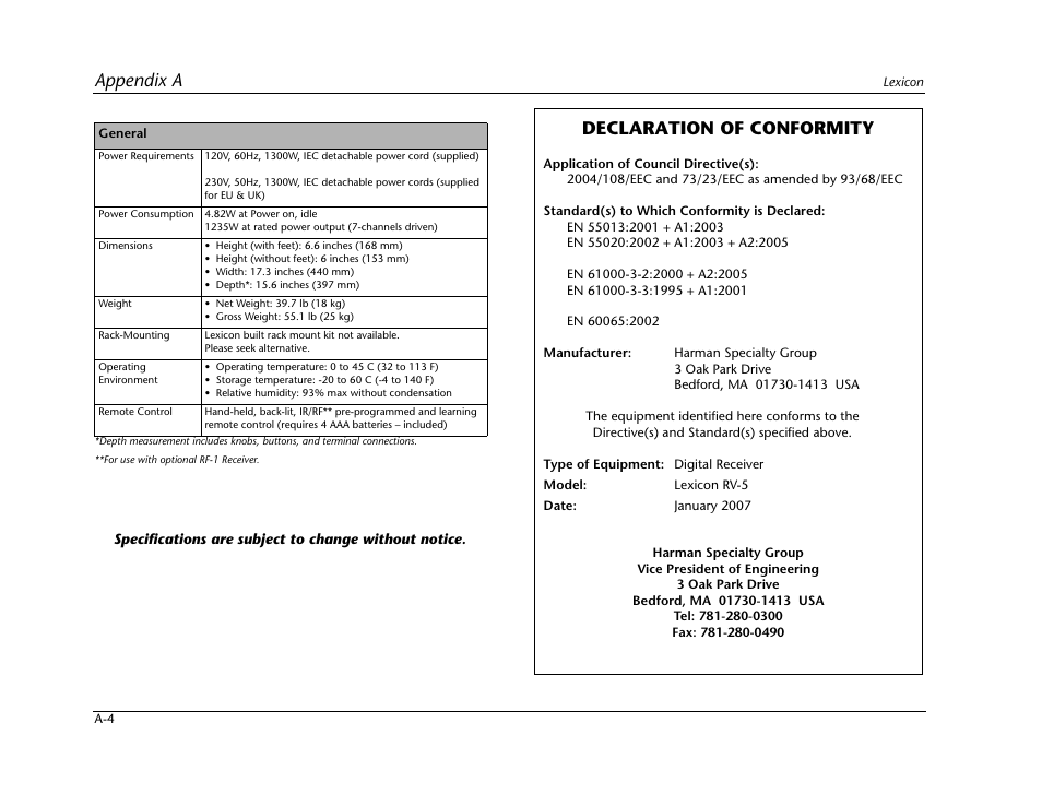 Appendix a, Declaration of conformity | Lexicon RV-5 User Manual | Page 90 / 136