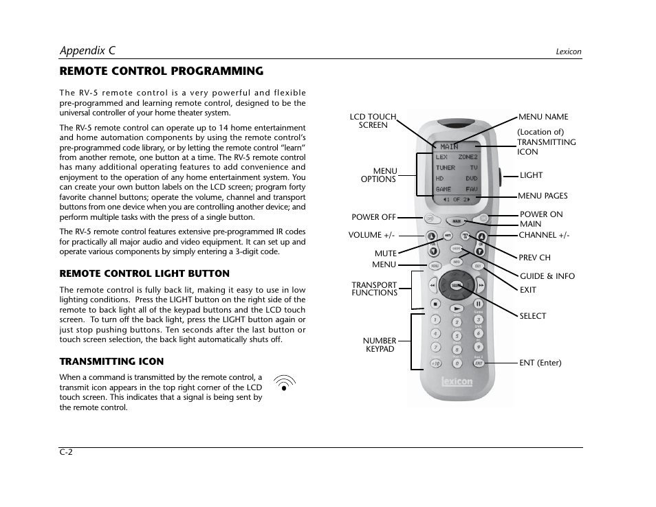 Appendix c, Remote control programming | Lexicon RV-5 User Manual | Page 98 / 136
