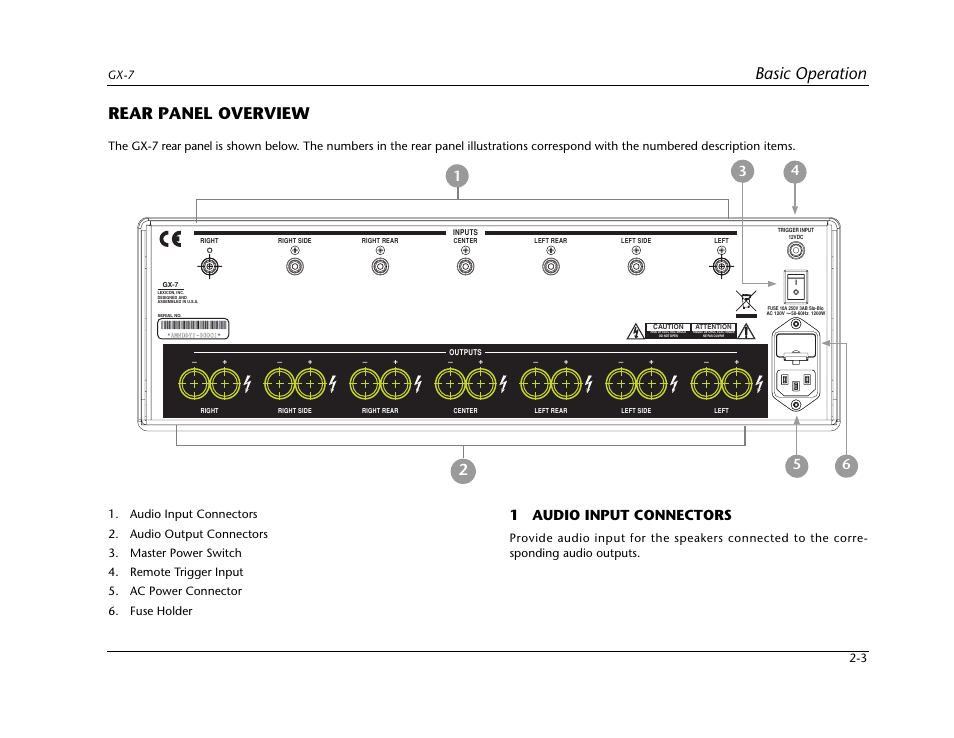 Basic operation, Rear panel overview, 1 audio input connectors | Lexicon Power Amplifer GX-7 User Manual | Page 13 / 24