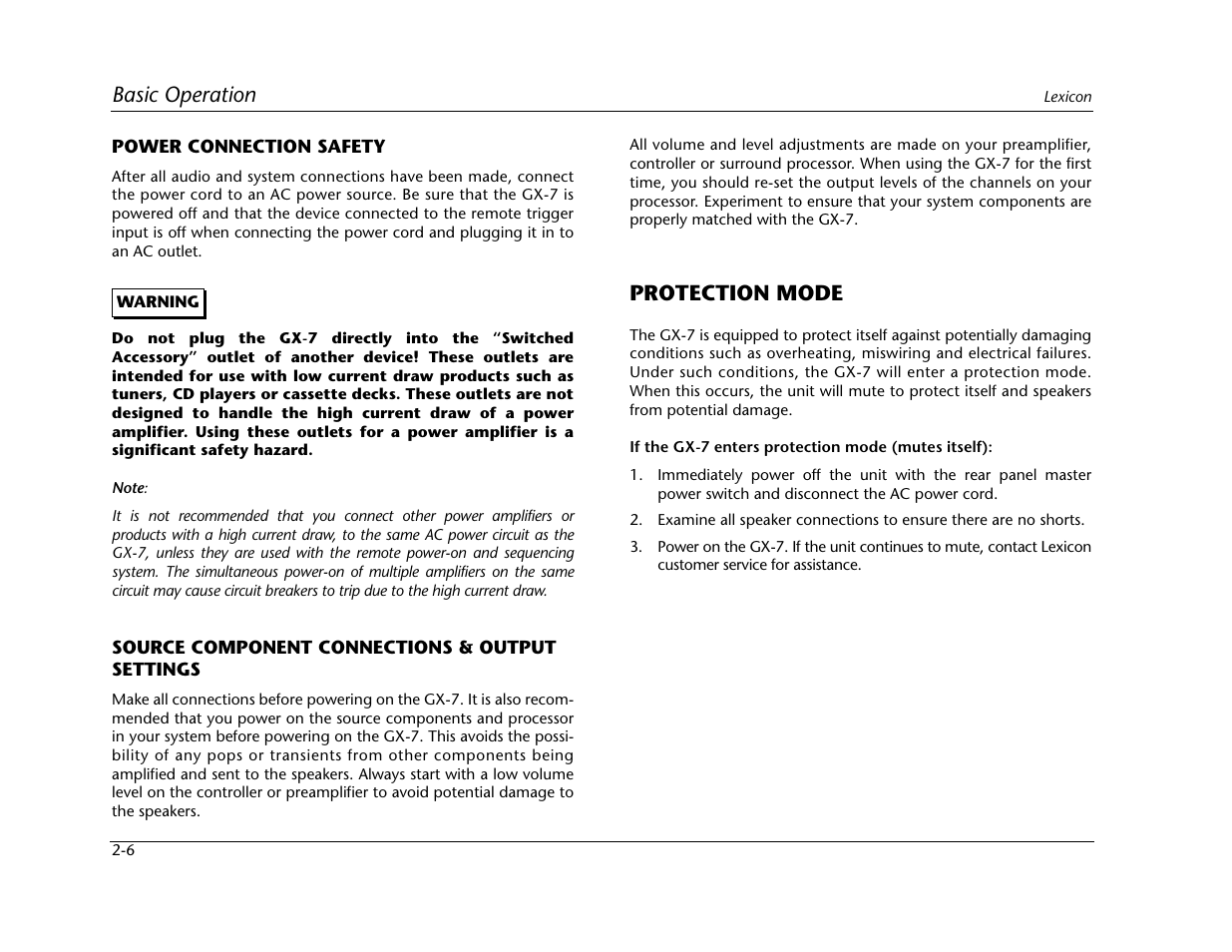 Basic operation, Protection mode | Lexicon Power Amplifer GX-7 User Manual | Page 16 / 24