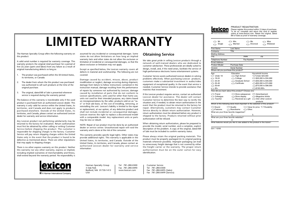 Limited warranty, Obtaining service | Lexicon Power Amplifer GX-7 User Manual | Page 23 / 24