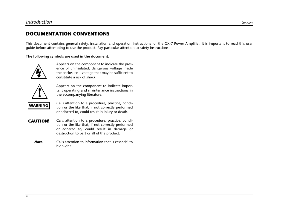 Introduction, Documentation conventions | Lexicon Power Amplifer GX-7 User Manual | Page 4 / 24