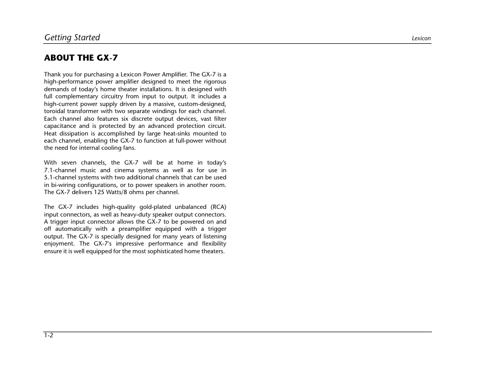 Getting started, About the gx-7 | Lexicon Power Amplifer GX-7 User Manual | Page 8 / 24