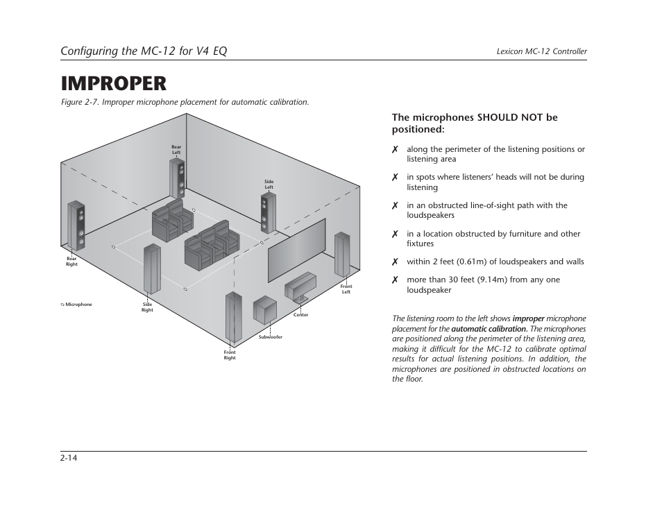 Improper, Configuring the mc-12 for v4 eq, The microphones should not be positioned | Lexicon Controller Version 4 EQ MC-12 User Manual | Page 28 / 42
