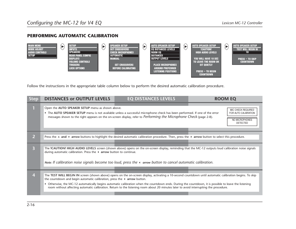 Configuring the mc-12 for v4 eq, Performing automatic calibration | Lexicon Controller Version 4 EQ MC-12 User Manual | Page 30 / 42