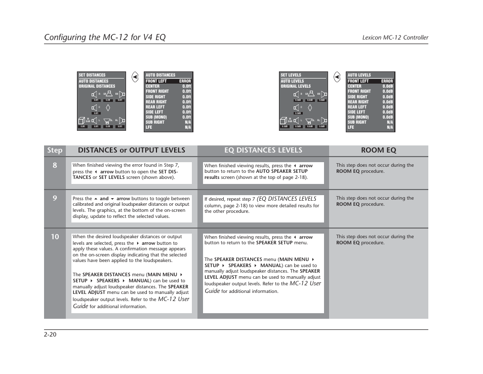 Configuring the mc-12 for v4 eq, 20 lexicon mc-12 controller, Mc-12 user guide | Eq distances levels | Lexicon Controller Version 4 EQ MC-12 User Manual | Page 34 / 42