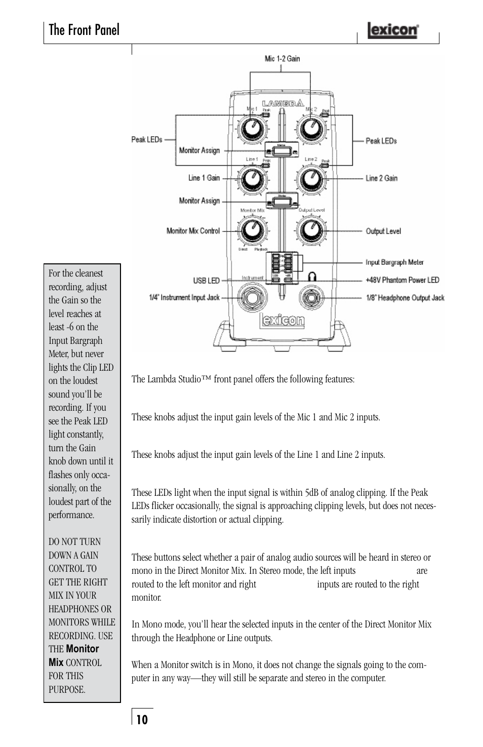 The front panel | Lexicon Lambda Desktop Recording Studio User Manual | Page 10 / 36