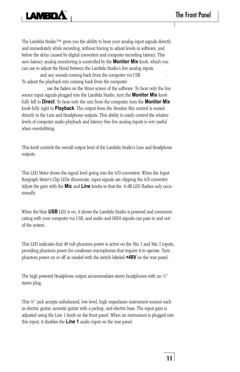 The front panel | Lexicon Lambda Desktop Recording Studio User Manual | Page 11 / 36