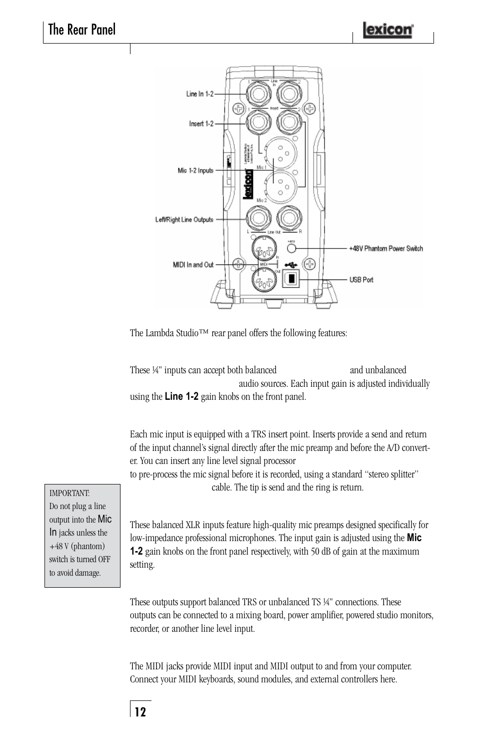 The rear panel | Lexicon Lambda Desktop Recording Studio User Manual | Page 12 / 36