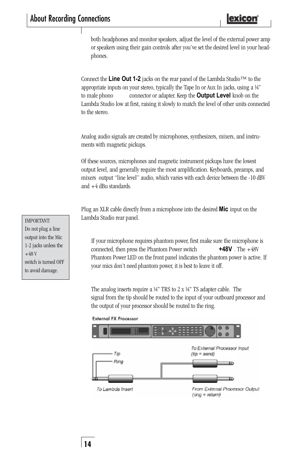 About recording connections | Lexicon Lambda Desktop Recording Studio User Manual | Page 14 / 36