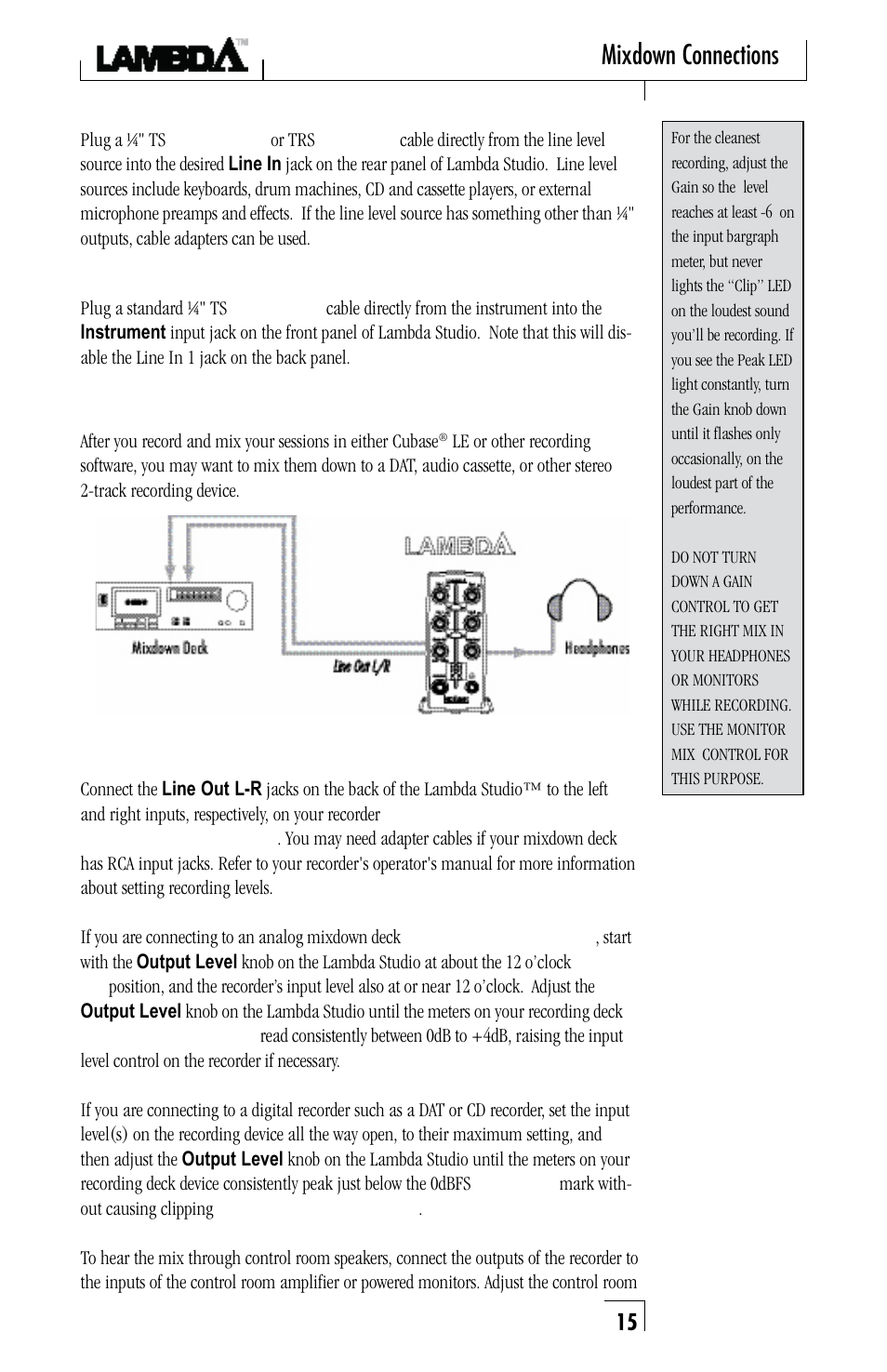 Mixdown connections | Lexicon Lambda Desktop Recording Studio User Manual | Page 15 / 36