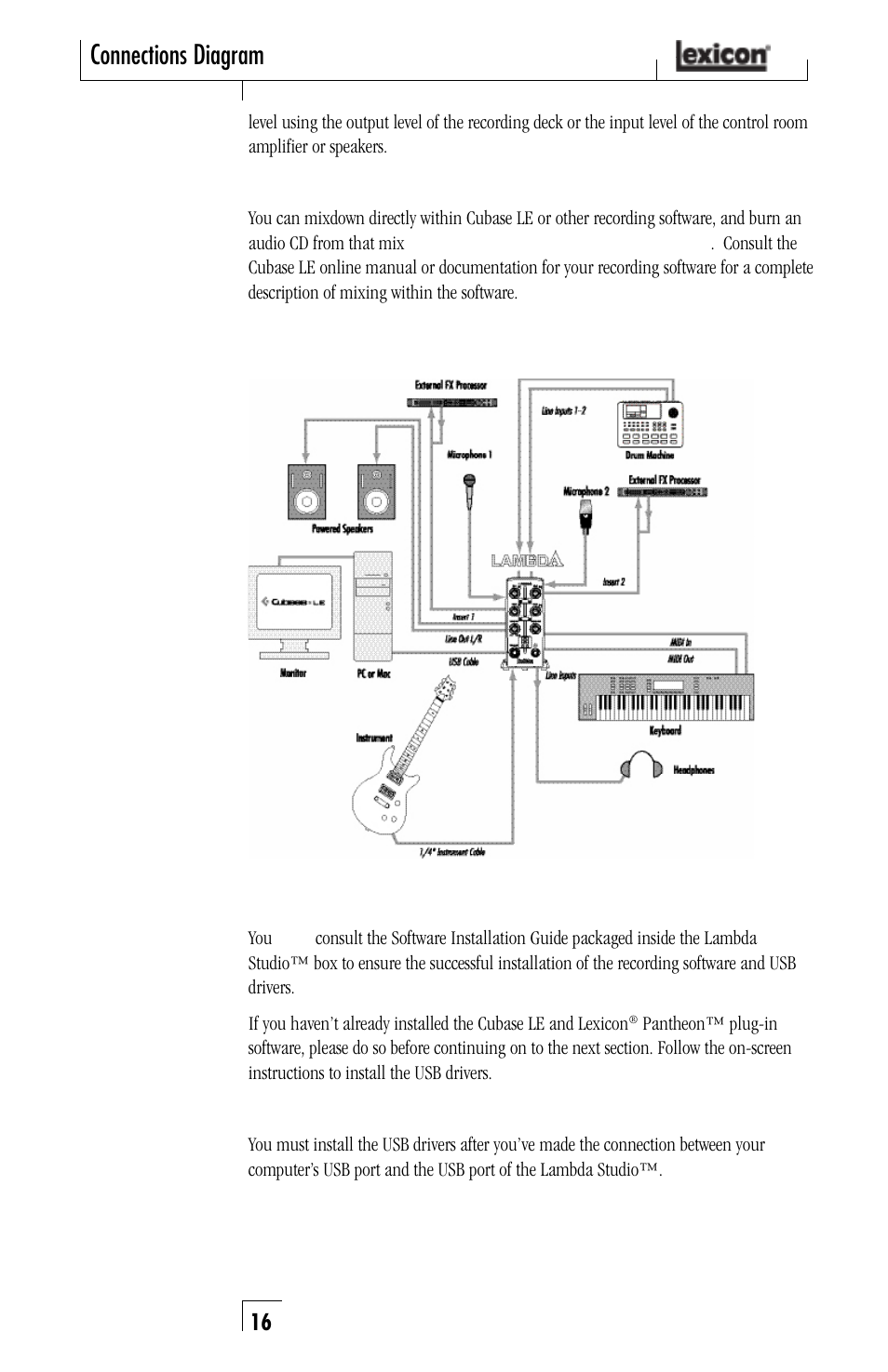 Connections diagram, Connections diagram windows, Software setup | Lexicon Lambda Desktop Recording Studio User Manual | Page 16 / 36