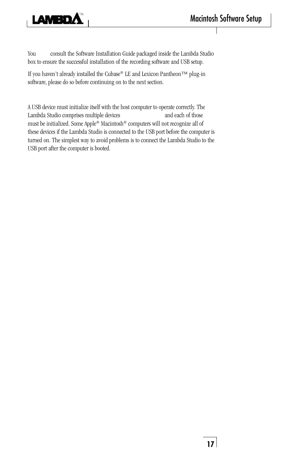 Macintosh software setup, Macintosh, Software setup | Lexicon Lambda Desktop Recording Studio User Manual | Page 17 / 36