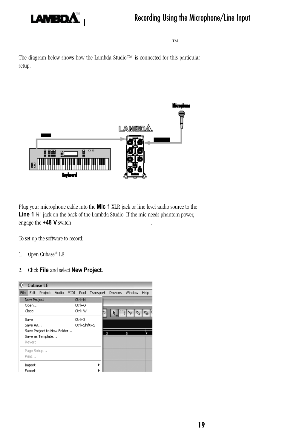 Recording using the microphone/line input | Lexicon Lambda Desktop Recording Studio User Manual | Page 19 / 36