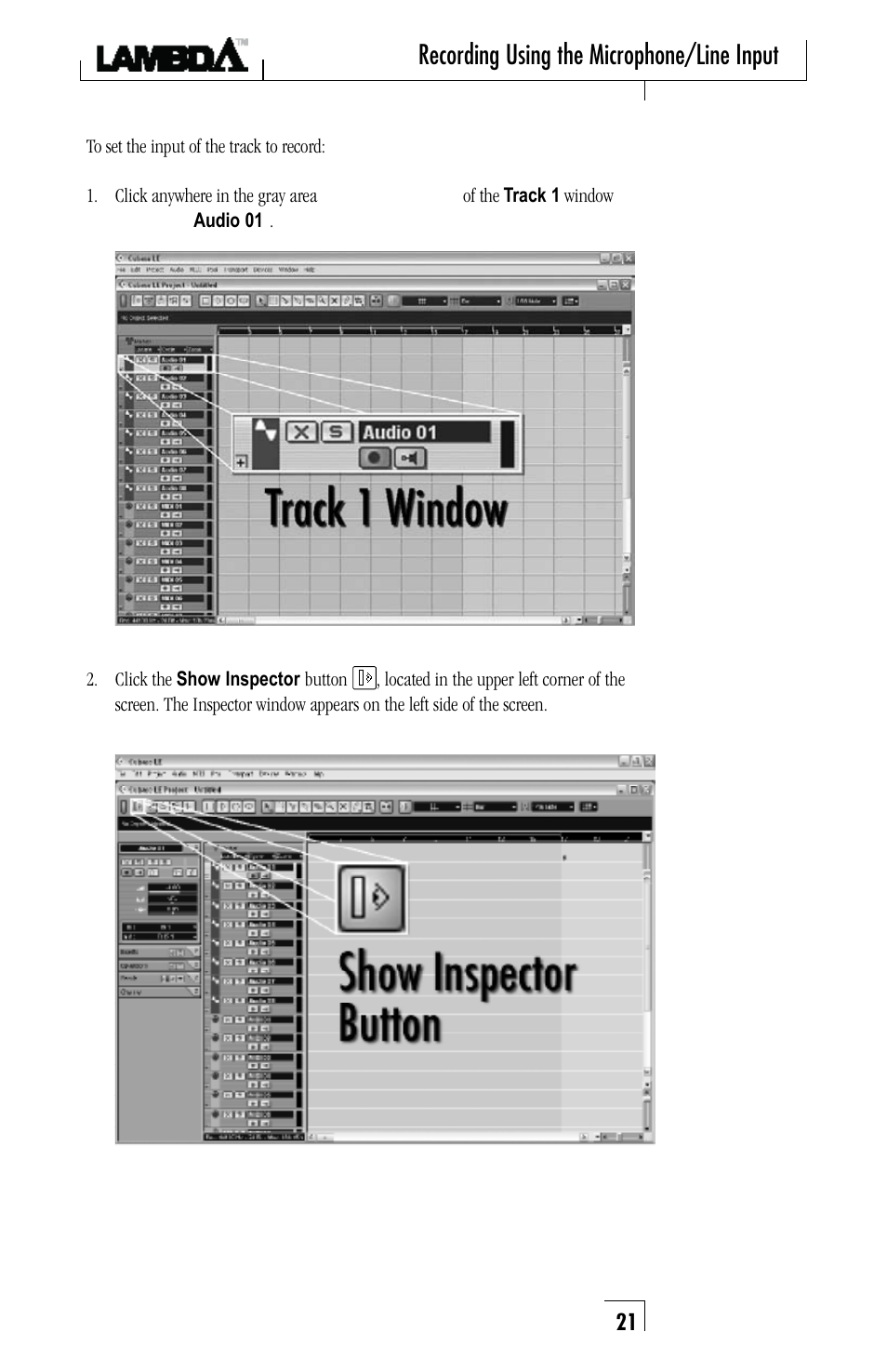 Recording using the microphone/line input | Lexicon Lambda Desktop Recording Studio User Manual | Page 21 / 36