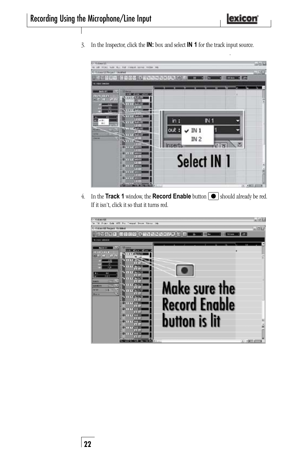 Recording using the microphone/line input | Lexicon Lambda Desktop Recording Studio User Manual | Page 22 / 36