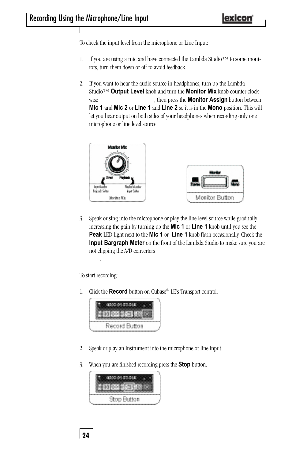 Recording using the microphone/line input | Lexicon Lambda Desktop Recording Studio User Manual | Page 24 / 36