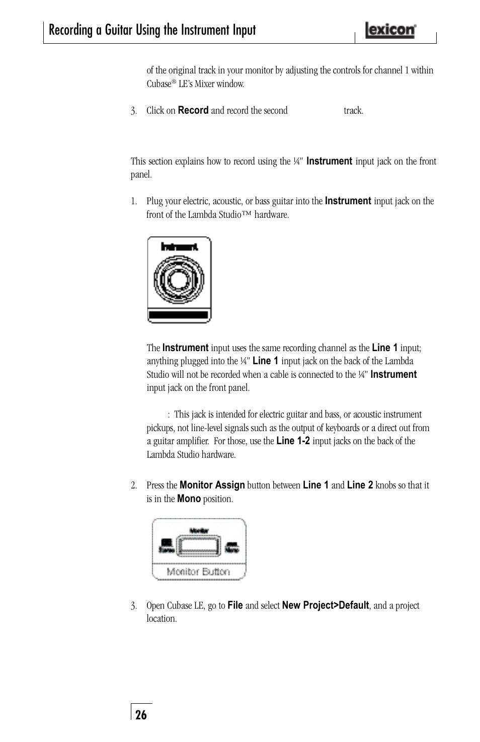 Recording a guitar using the instrument input | Lexicon Lambda Desktop Recording Studio User Manual | Page 26 / 36