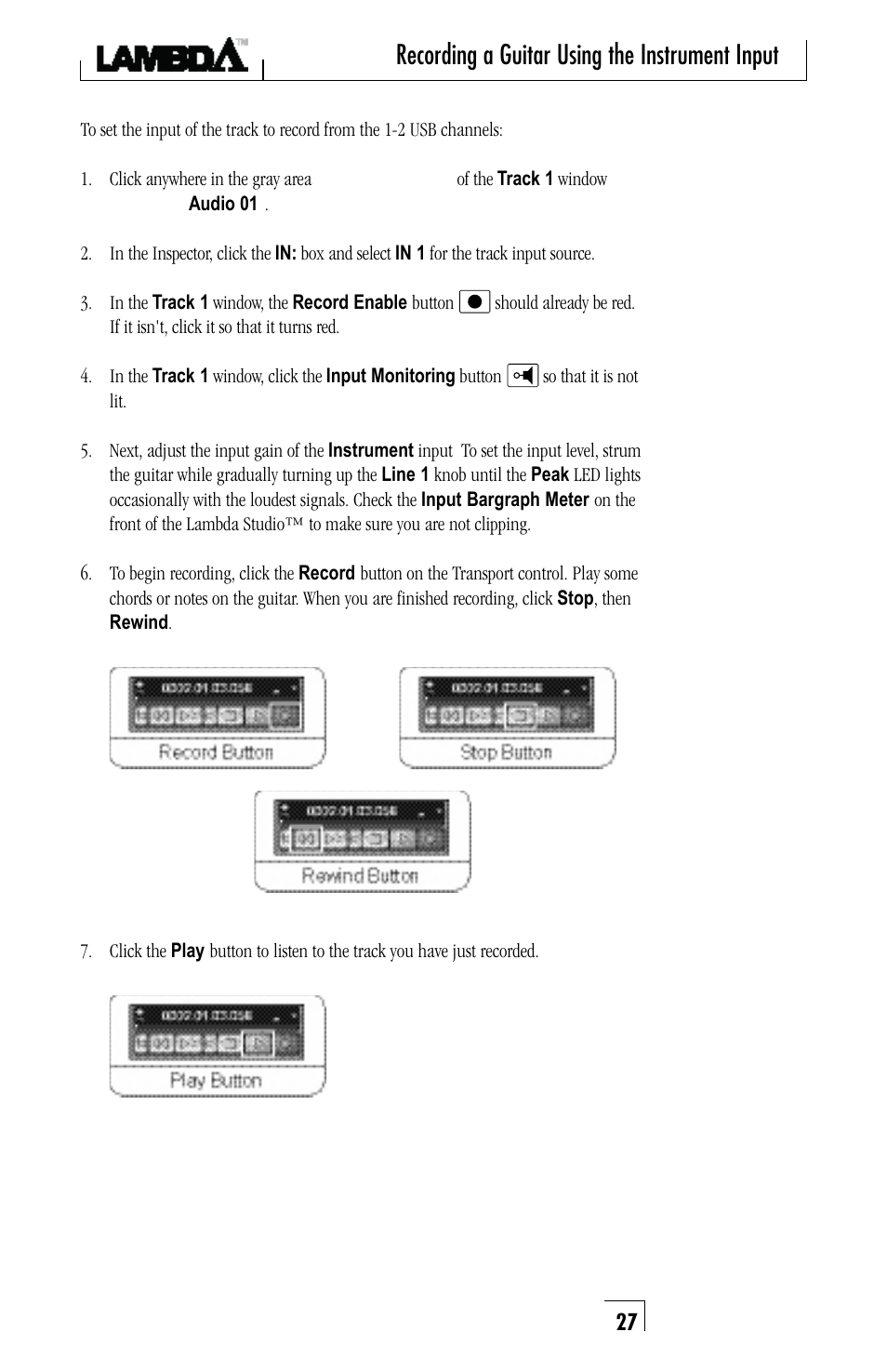 Recording a guitar using the instrument input | Lexicon Lambda Desktop Recording Studio User Manual | Page 27 / 36