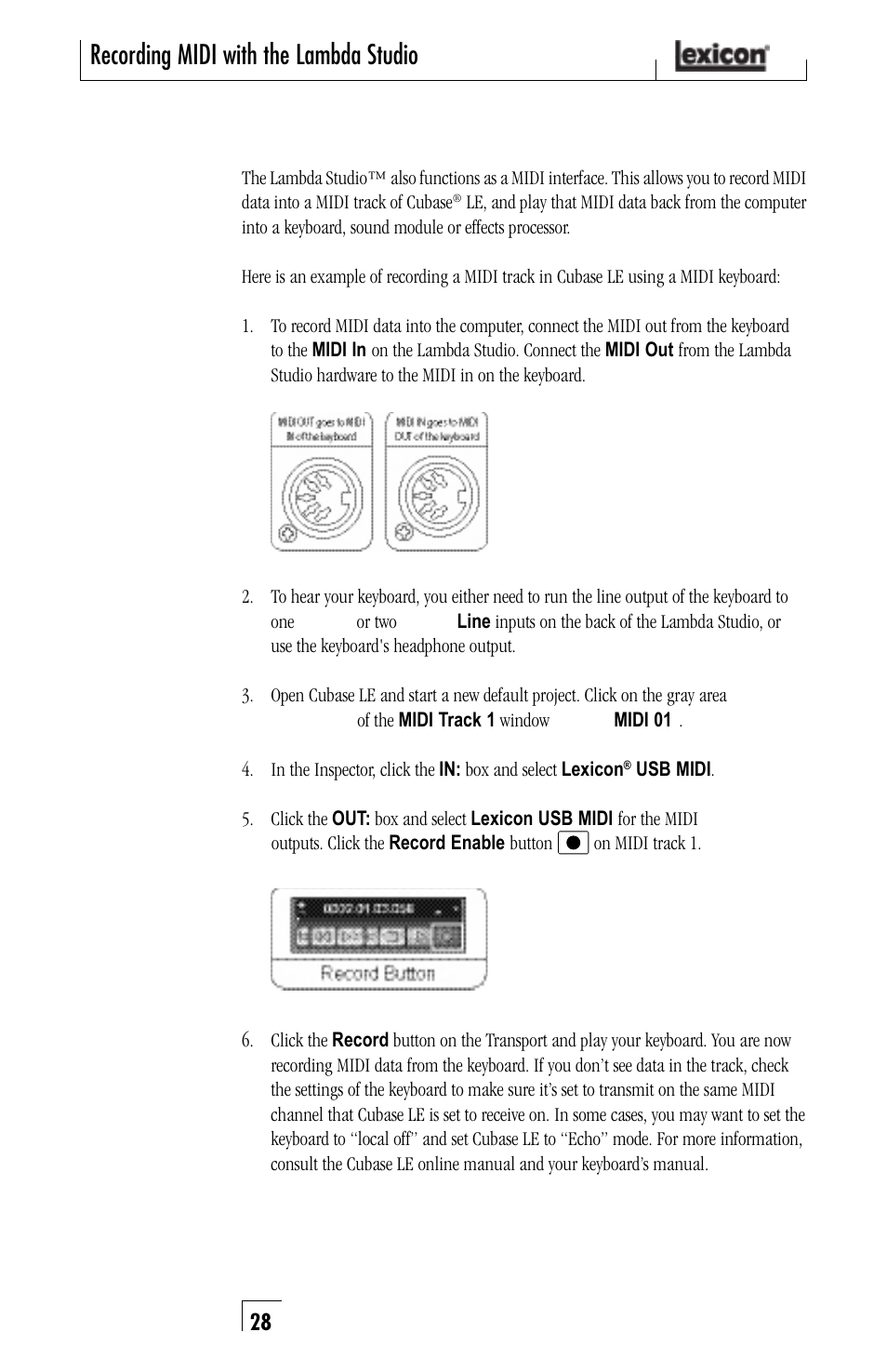 Recording midi with the lambda studio | Lexicon Lambda Desktop Recording Studio User Manual | Page 28 / 36