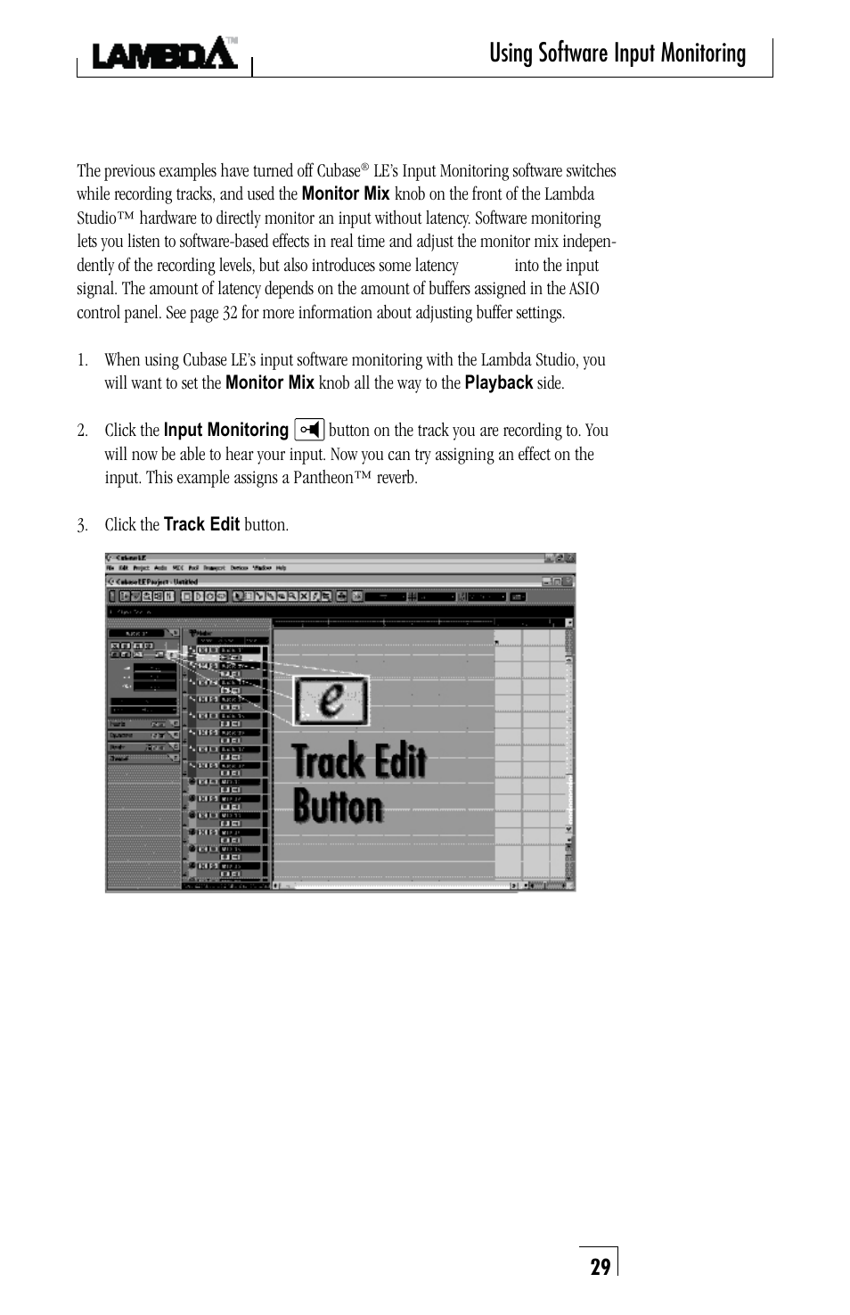 Using software input monitoring | Lexicon Lambda Desktop Recording Studio User Manual | Page 29 / 36