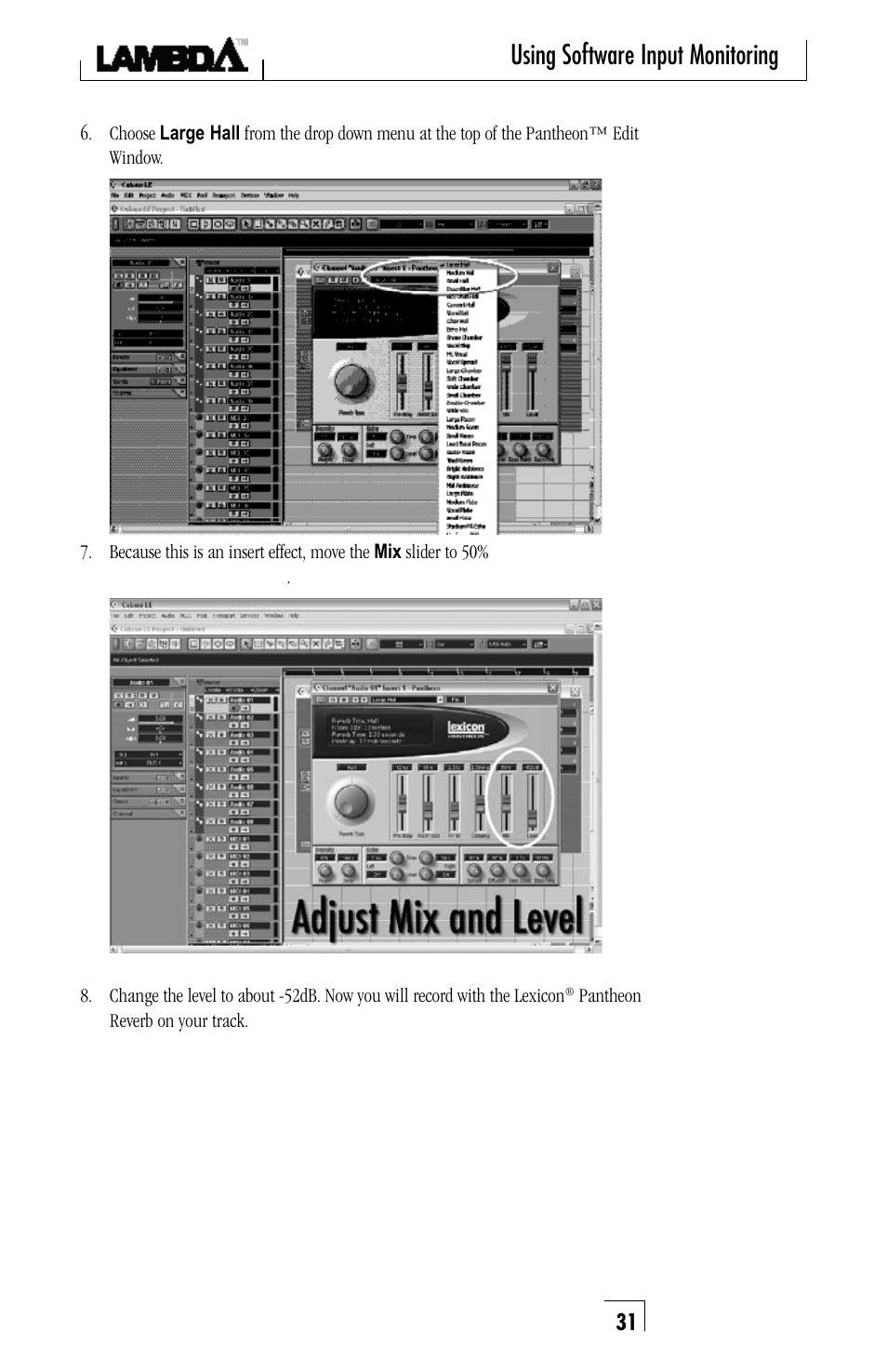 Using software input monitoring | Lexicon Lambda Desktop Recording Studio User Manual | Page 31 / 36