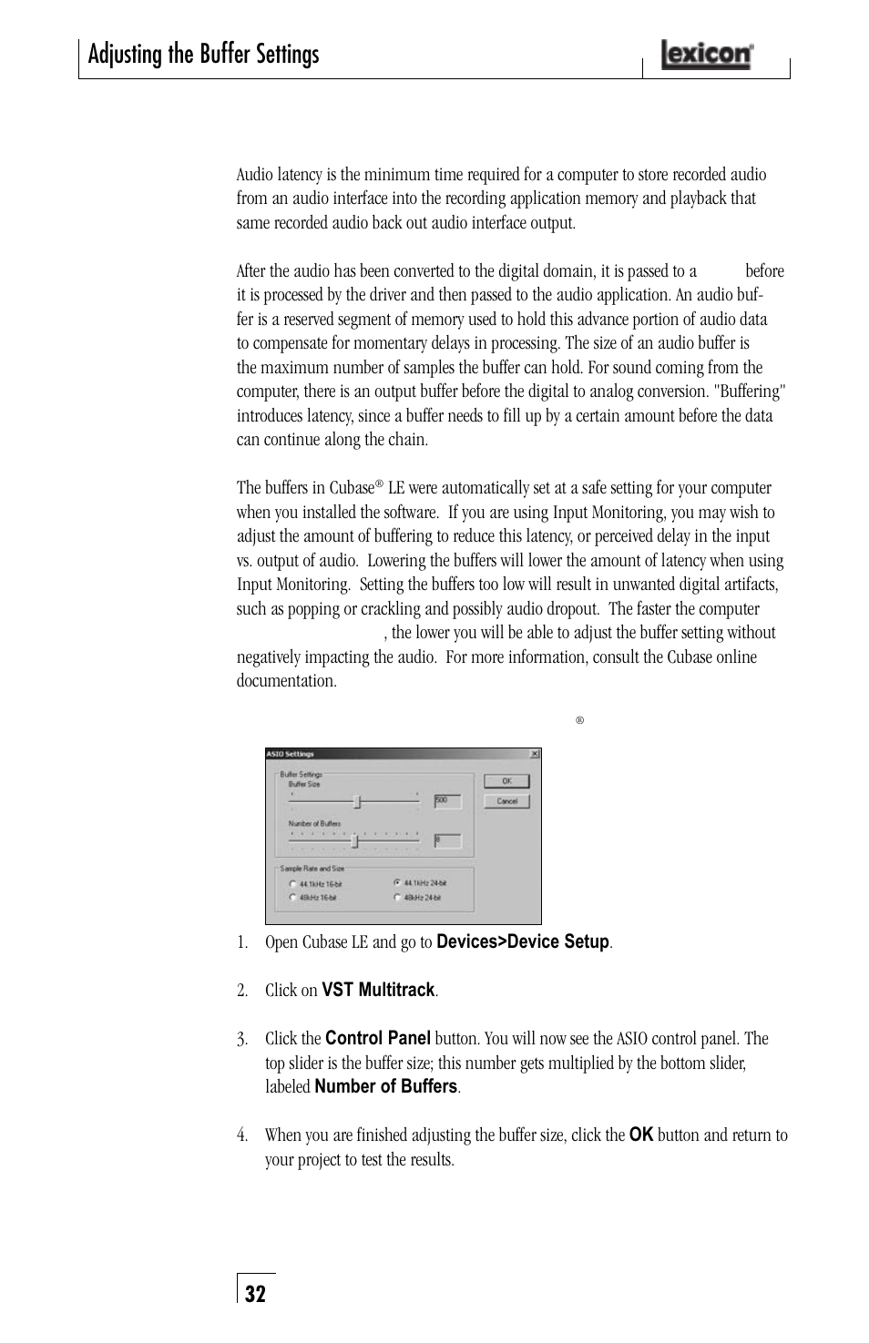 Adjusting the buffer settings | Lexicon Lambda Desktop Recording Studio User Manual | Page 32 / 36