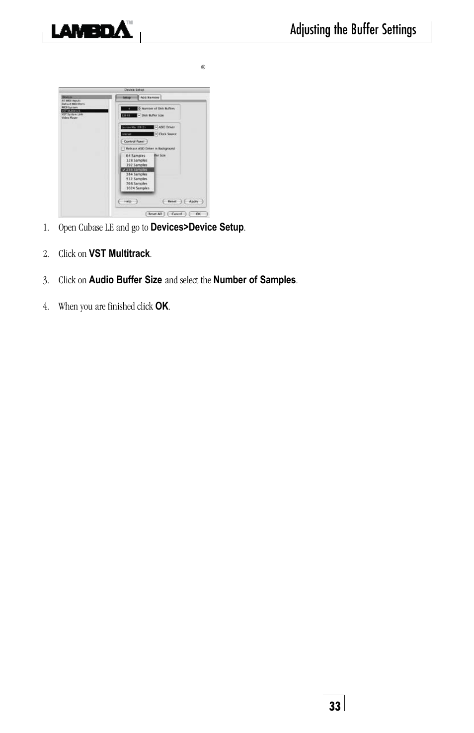 Adjusting the buffer settings | Lexicon Lambda Desktop Recording Studio User Manual | Page 33 / 36