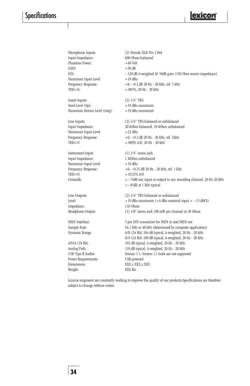 Specifications | Lexicon Lambda Desktop Recording Studio User Manual | Page 34 / 36