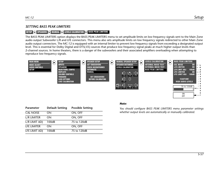 Setup, Setting bass peak limiters | Lexicon Digital Controller MC-12 User Manual | Page 101 / 208