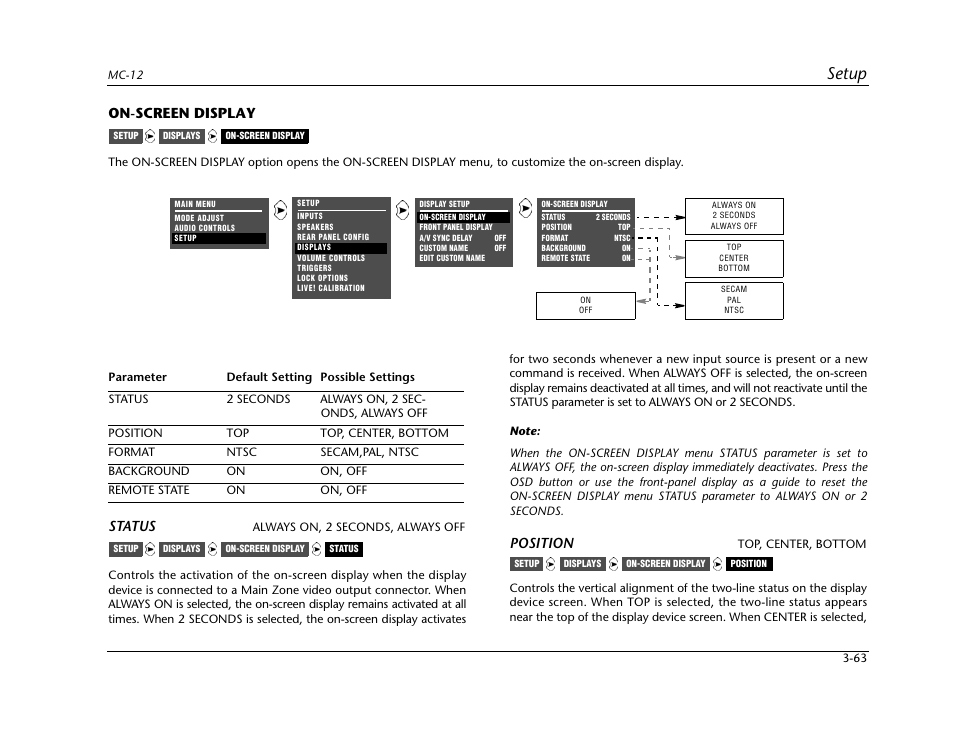 On-screen display -63, Setup, On-screen display | Status, Position | Lexicon Digital Controller MC-12 User Manual | Page 107 / 208