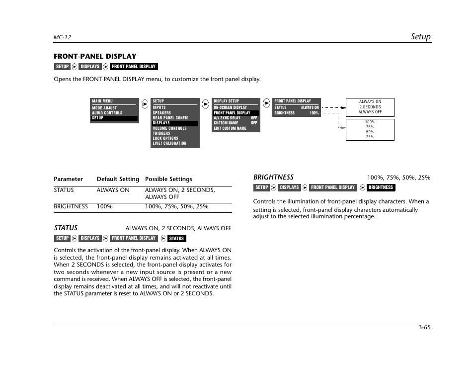 Front-panel display -65, Setup, Front-panel display | Status, Brightness | Lexicon Digital Controller MC-12 User Manual | Page 109 / 208